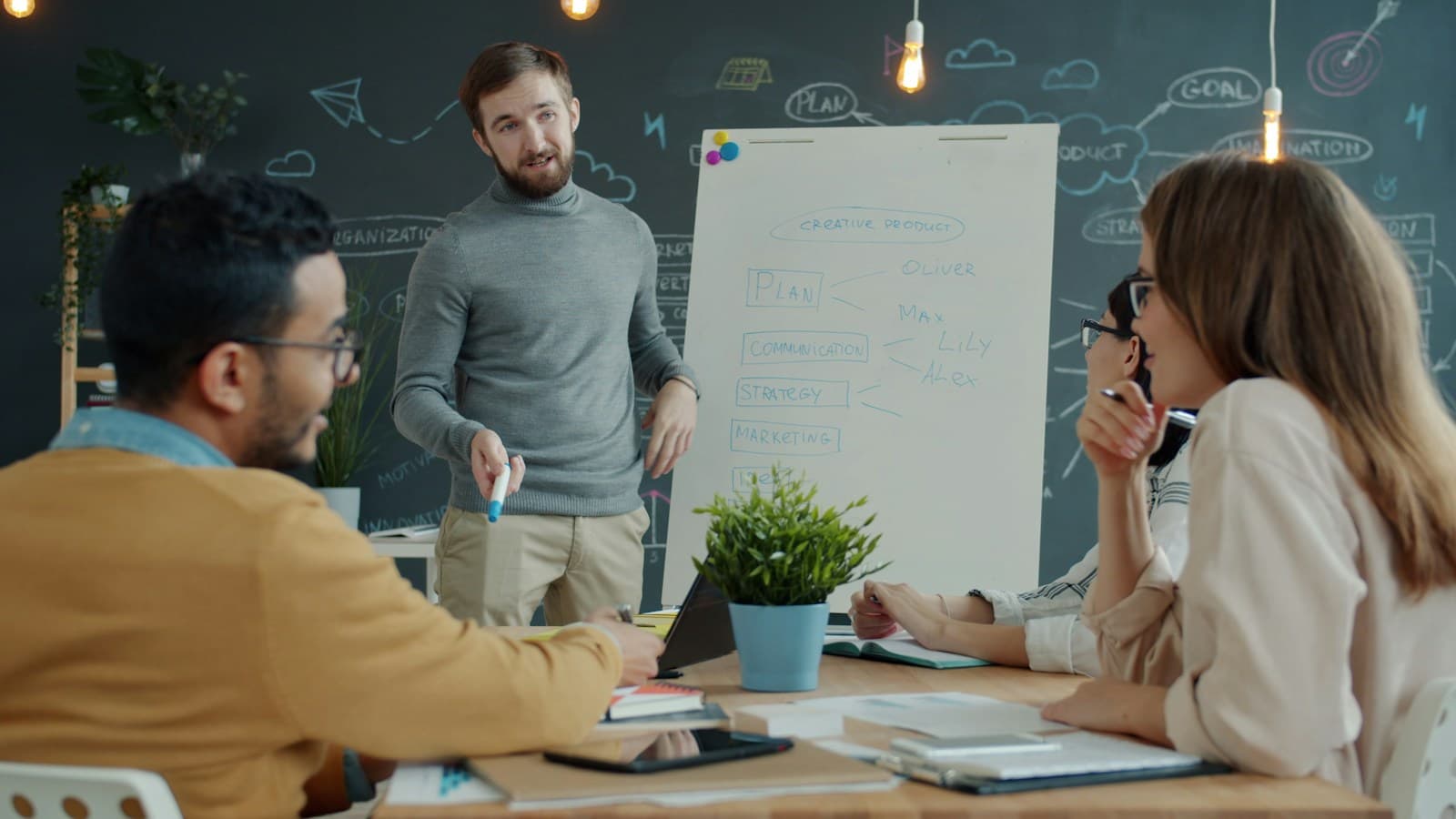 A team learning session around a whiteboard