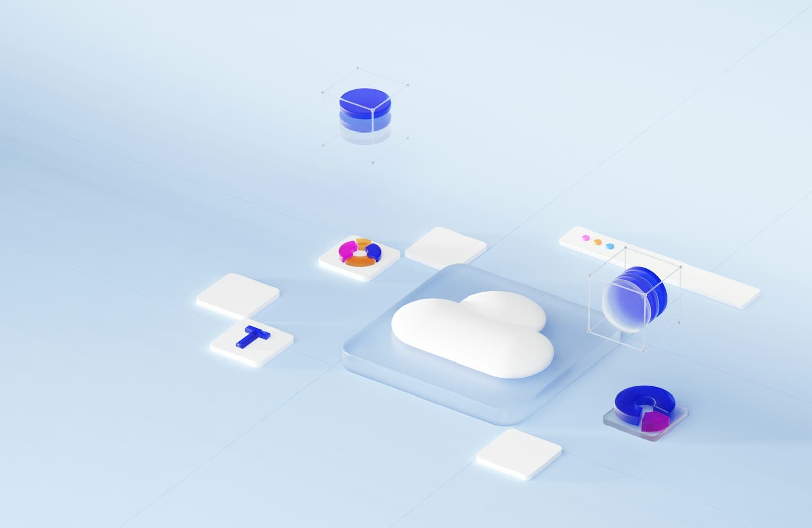An illustration of a cloud icon surrounded by floating data charts