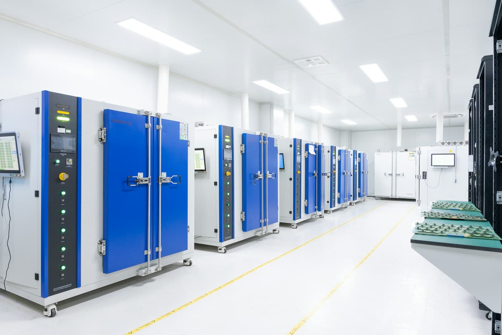 A bright, clean data centre with rows of equipment cabinets