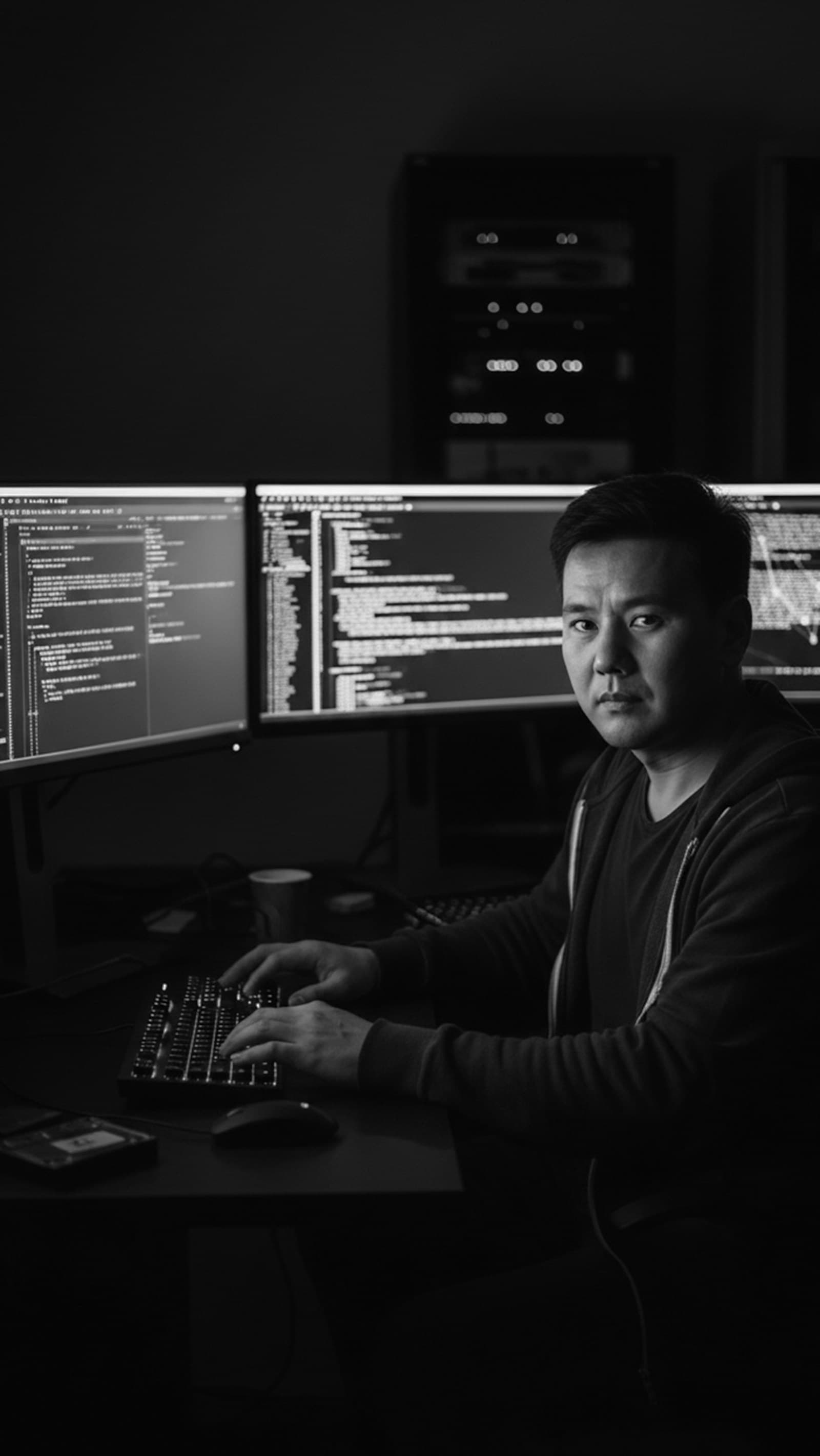 A security engineer at a desk in front of monitors showing code