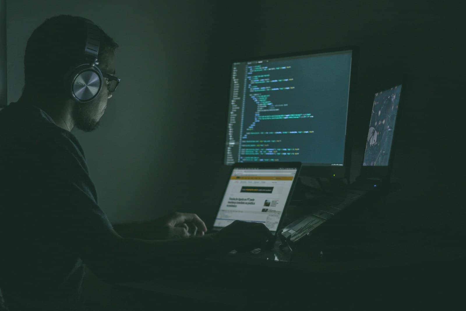A security analyst reviewing code and alerts across several monitors