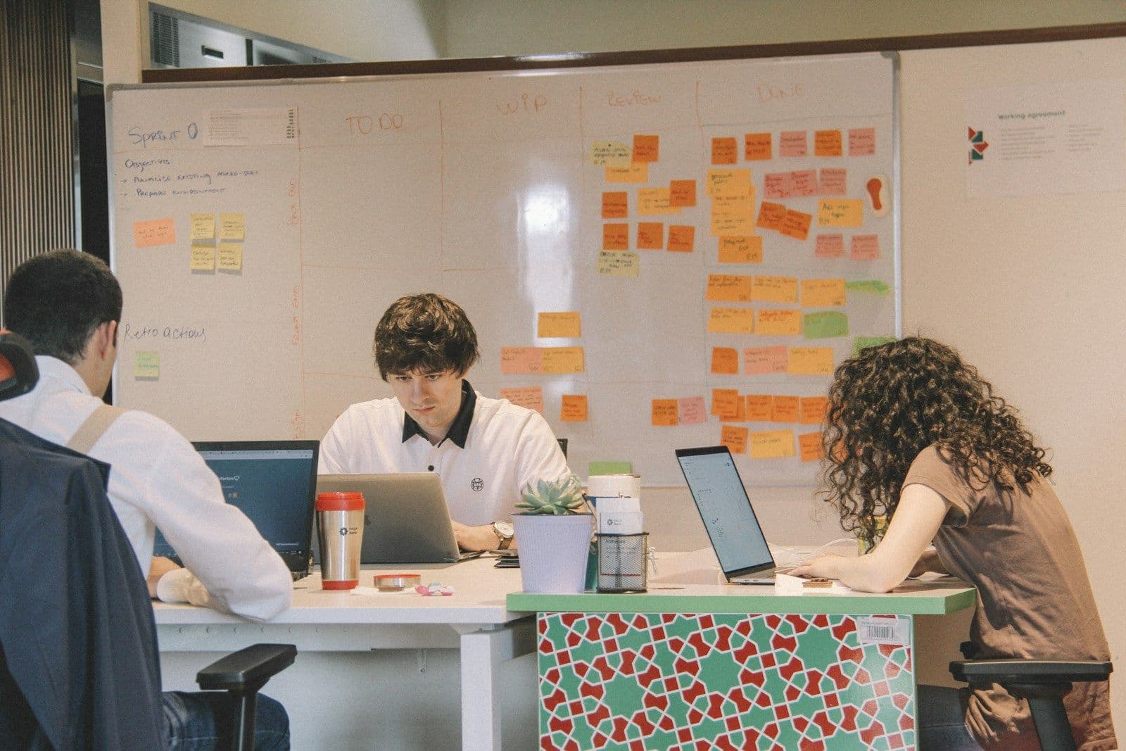 A team working at laptops in front of a whiteboard covered in sticky notes