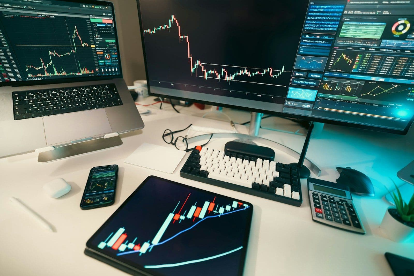 A desk with market charts on a laptop, a monitor, a tablet and a phone